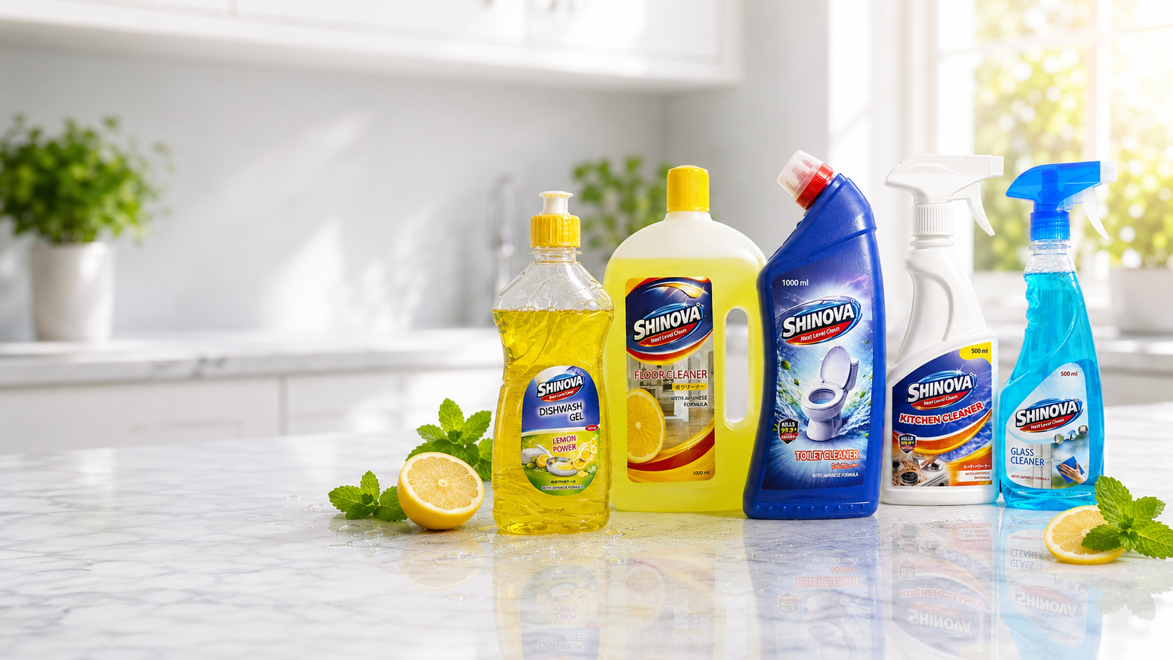 Complete Shinova cleaning product collection in a bright kitchen