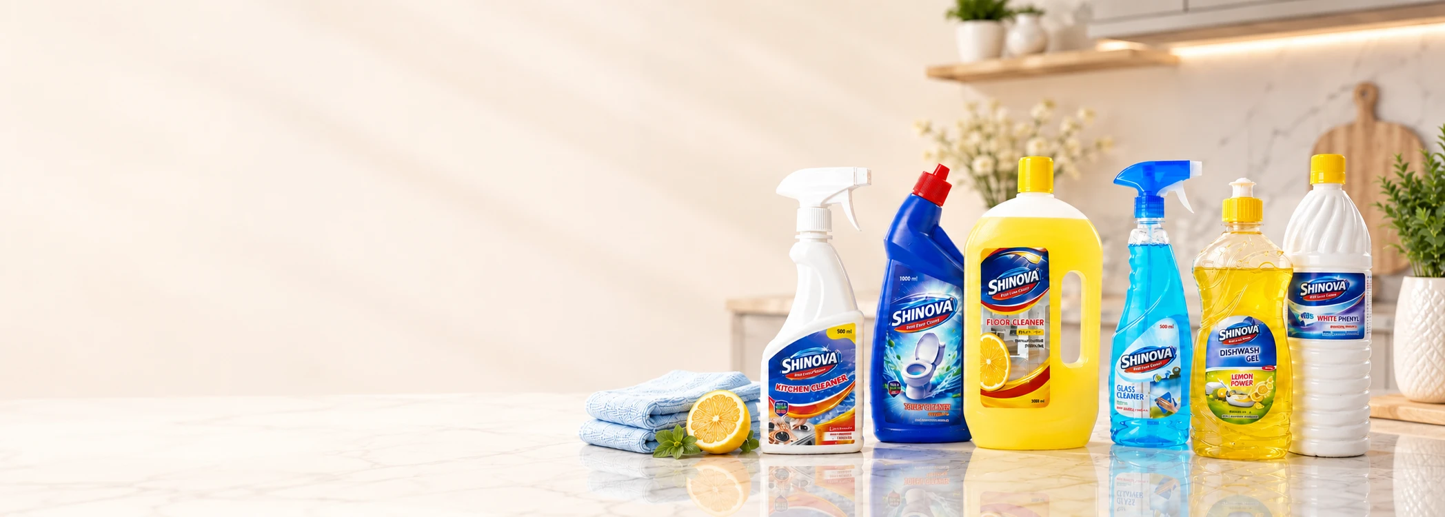 Complete Shinova cleaning product collection in a bright kitchen