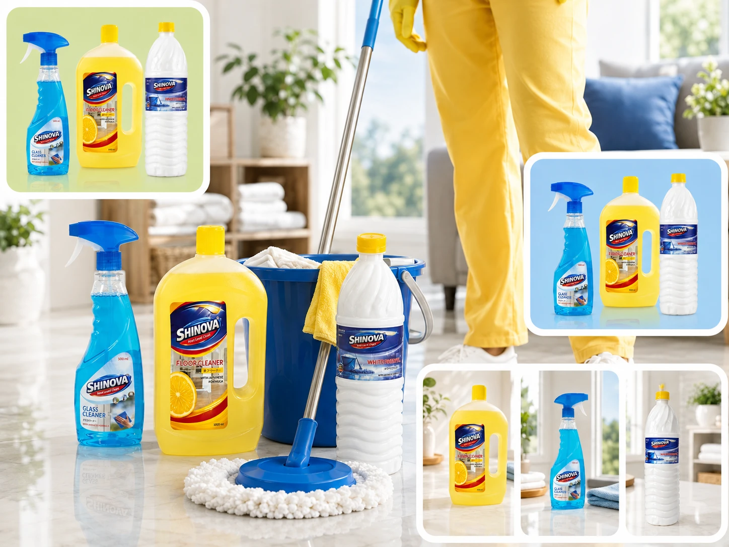 Shinova glass cleaner, toilet cleaner and dishwash gel in a bright kitchen