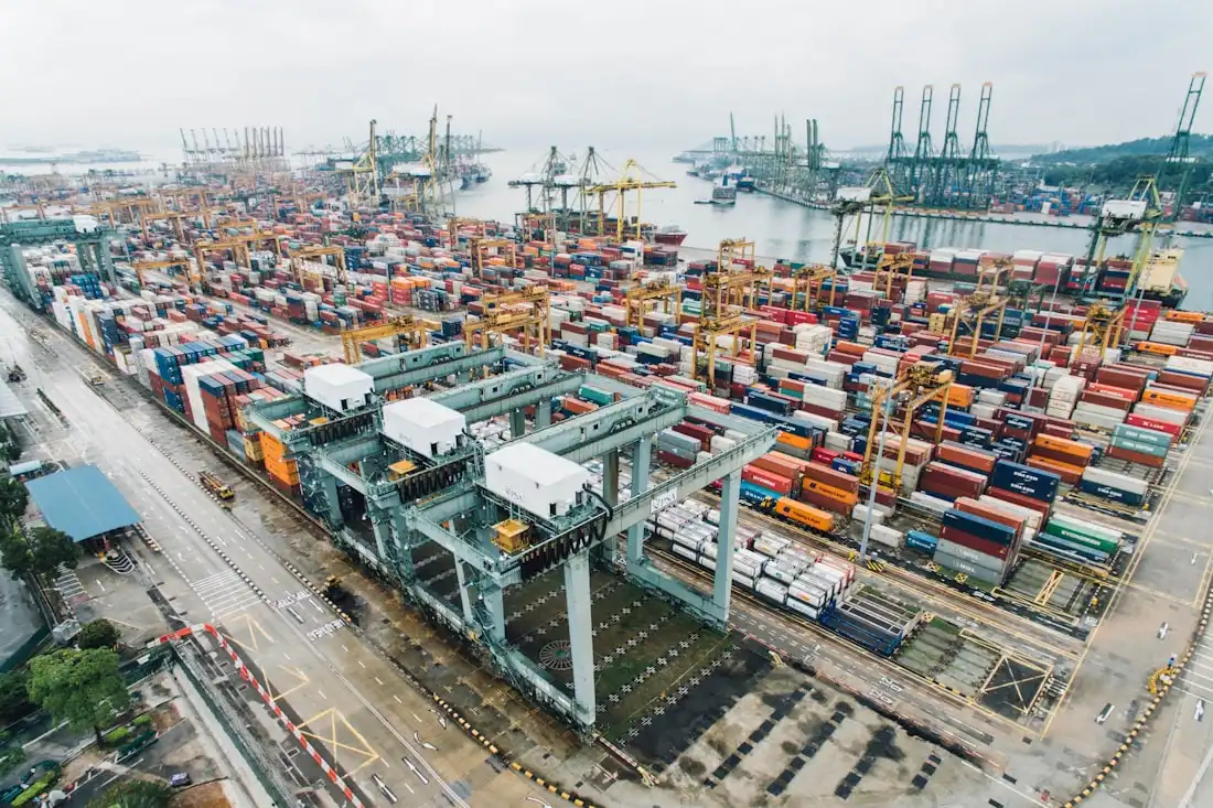 Aerial view of a container port handling multimodal international freight