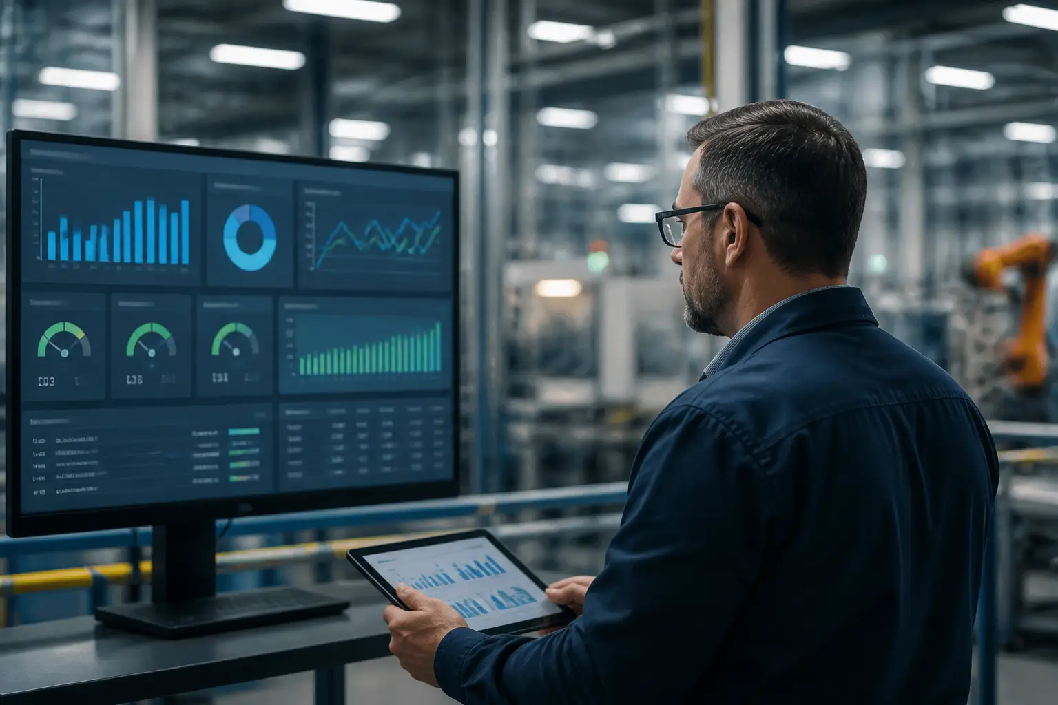Operator reviewing live production dashboards on a plant floor