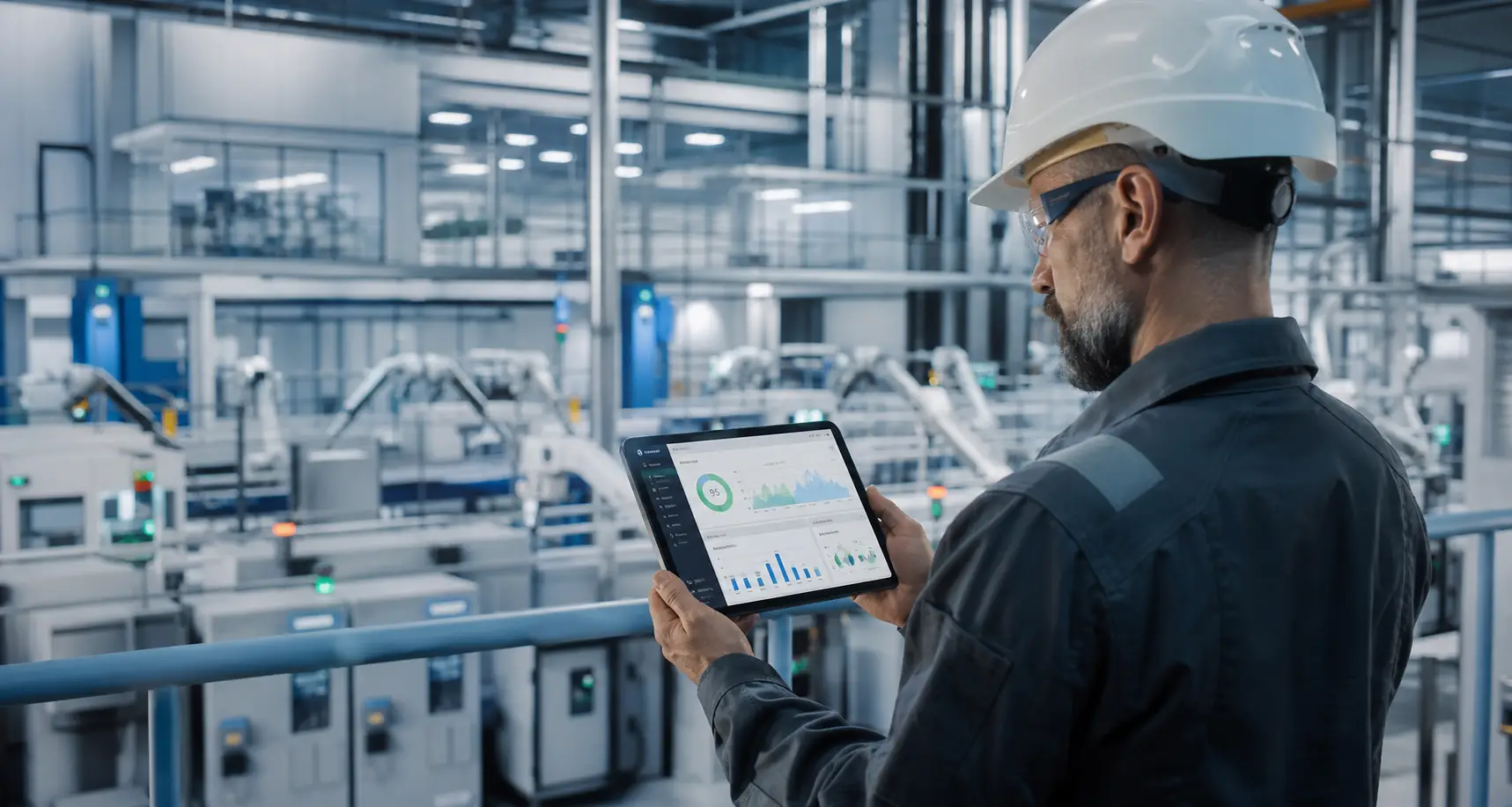 Engineer checking operational figures on a tablet in a plant