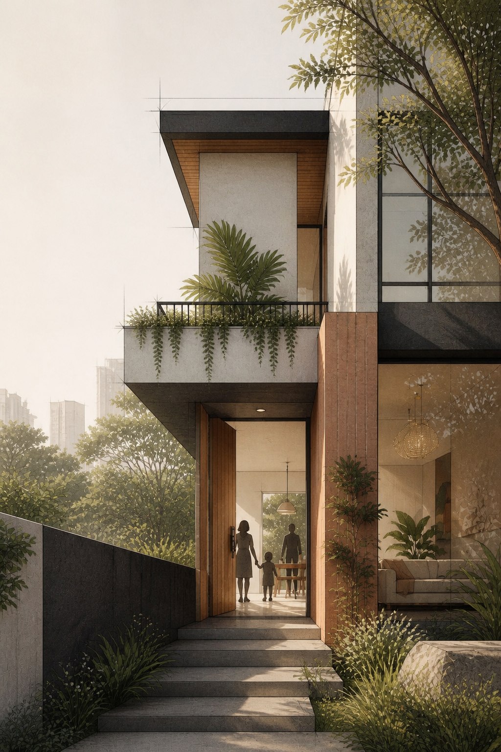 Editorial illustration of a contemporary Bengaluru family home