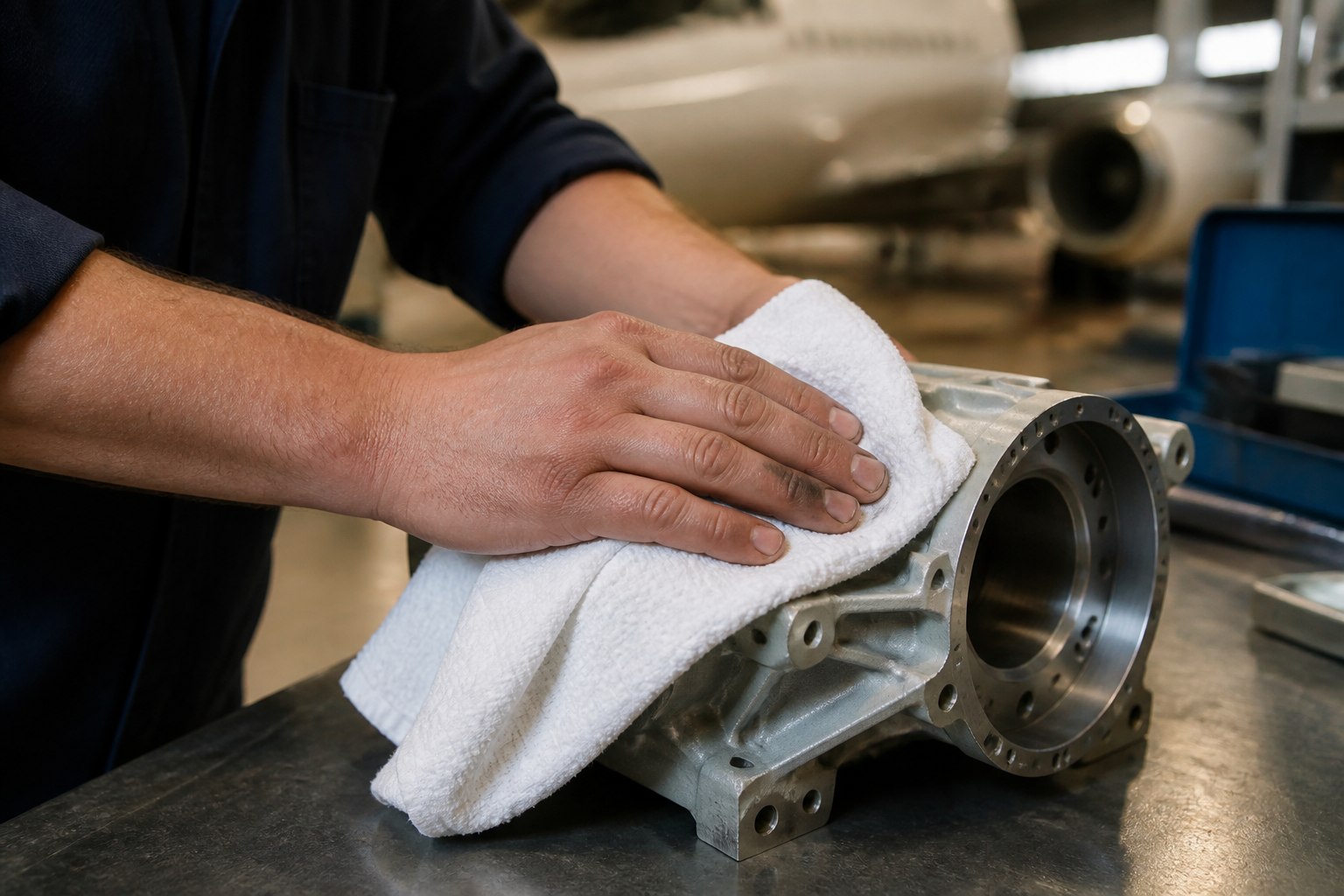 Clean aviation maintenance environment with industrial wiping cloth in use