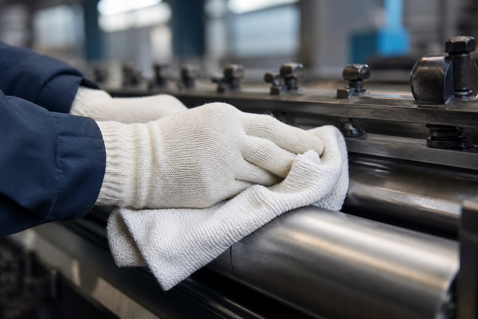 Close-up of knitted cotton cloth being used on industrial machinery