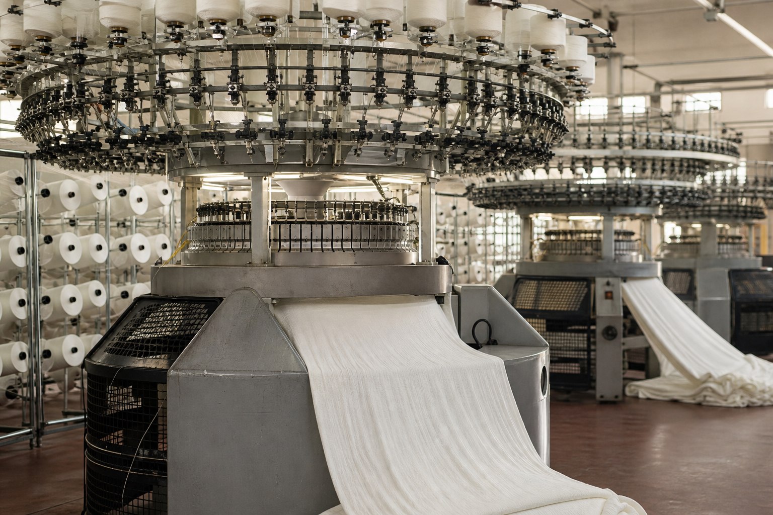 Circular knitting machinery producing white knitted cotton fabric