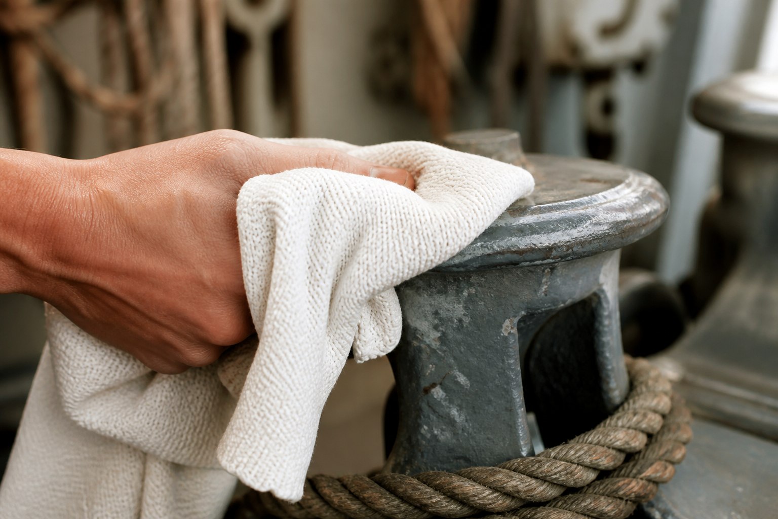 Clean marine maintenance detail with metal, equipment and fabric in use