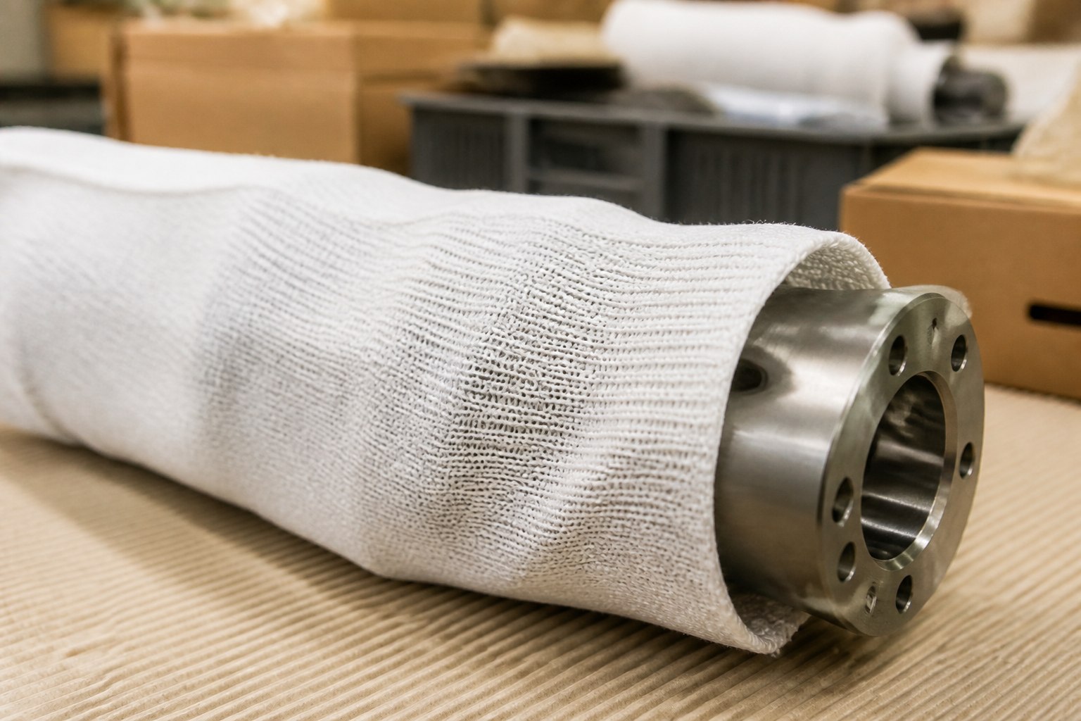Close-up industrial component protected or wrapped with knitted stockinette
