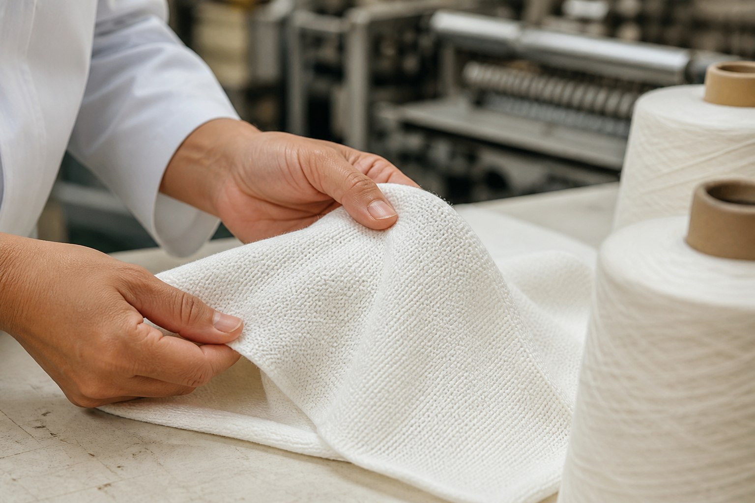 Hands inspecting the knitted cotton construction of finished fabric