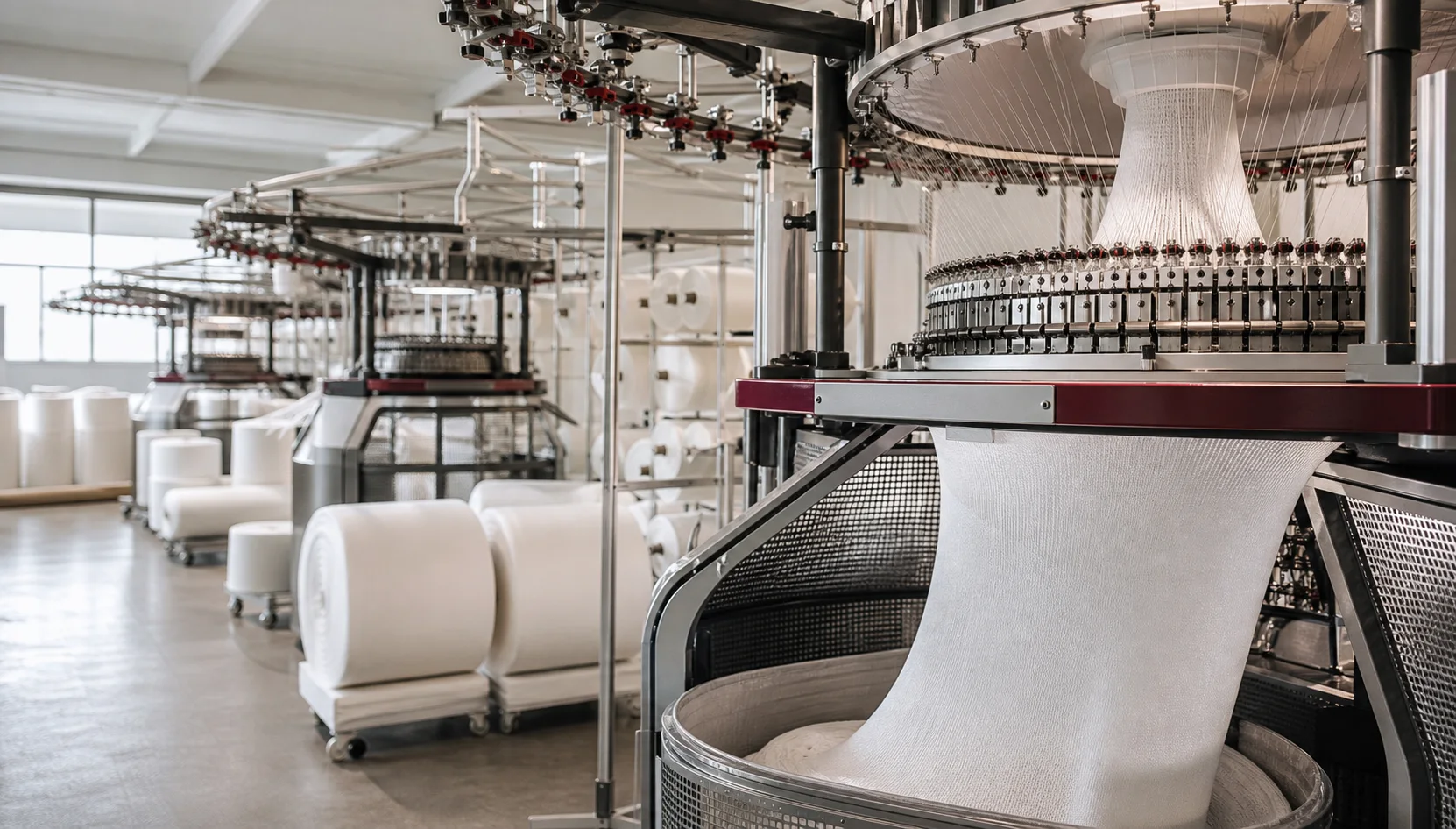 Wide view of an organised textile manufacturing floor