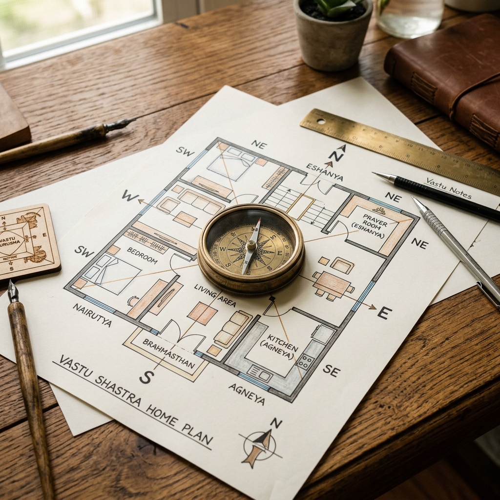Vastu Shastra architectural compass alignment on floorplan