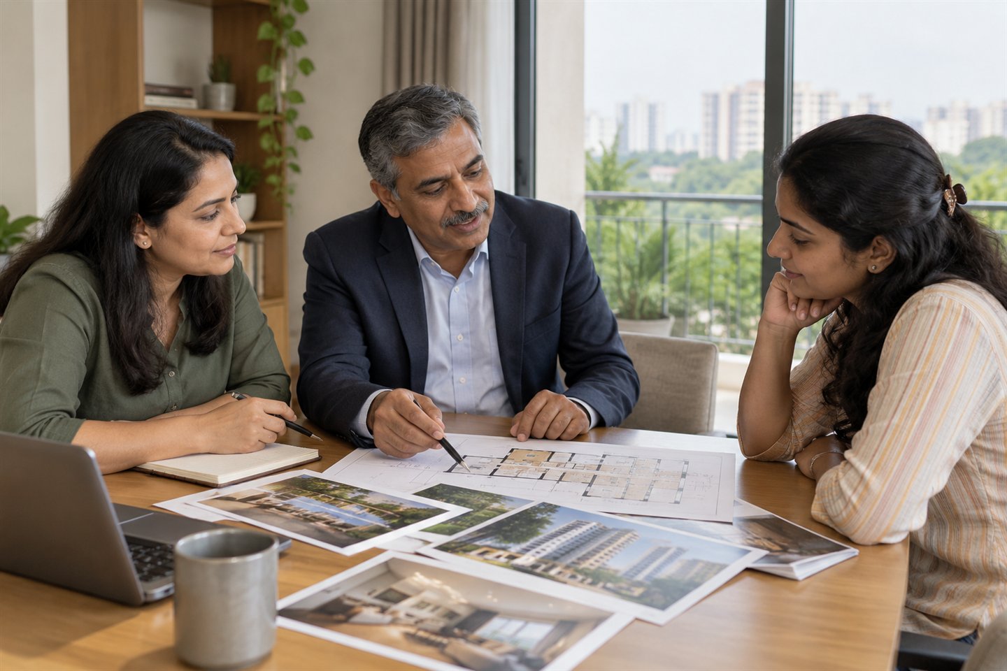Property advisors discussing an apartment shortlist with a homebuyer