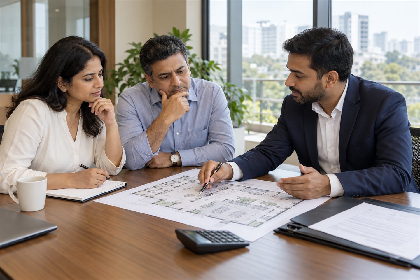 Commercial property advisor reviewing an office layout with business owners