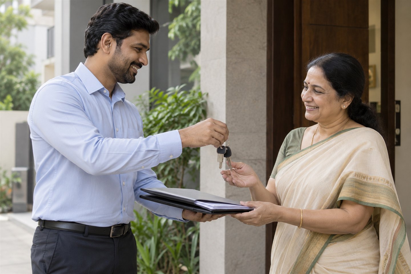 Property consultant handing keys and ownership documents to a homeowner