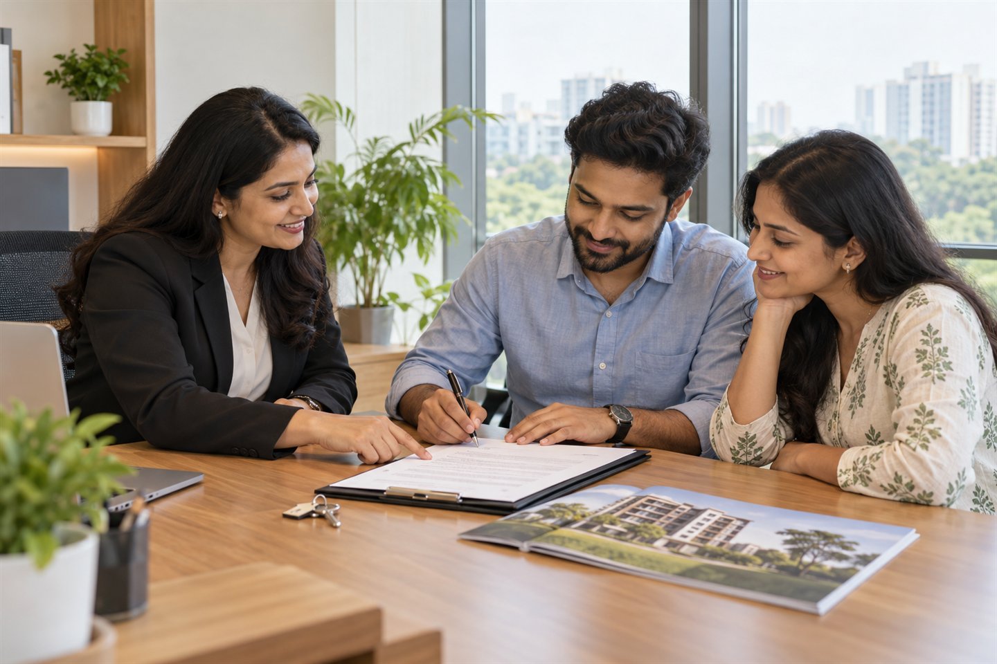 Homebuyers reviewing documents with a property advisor