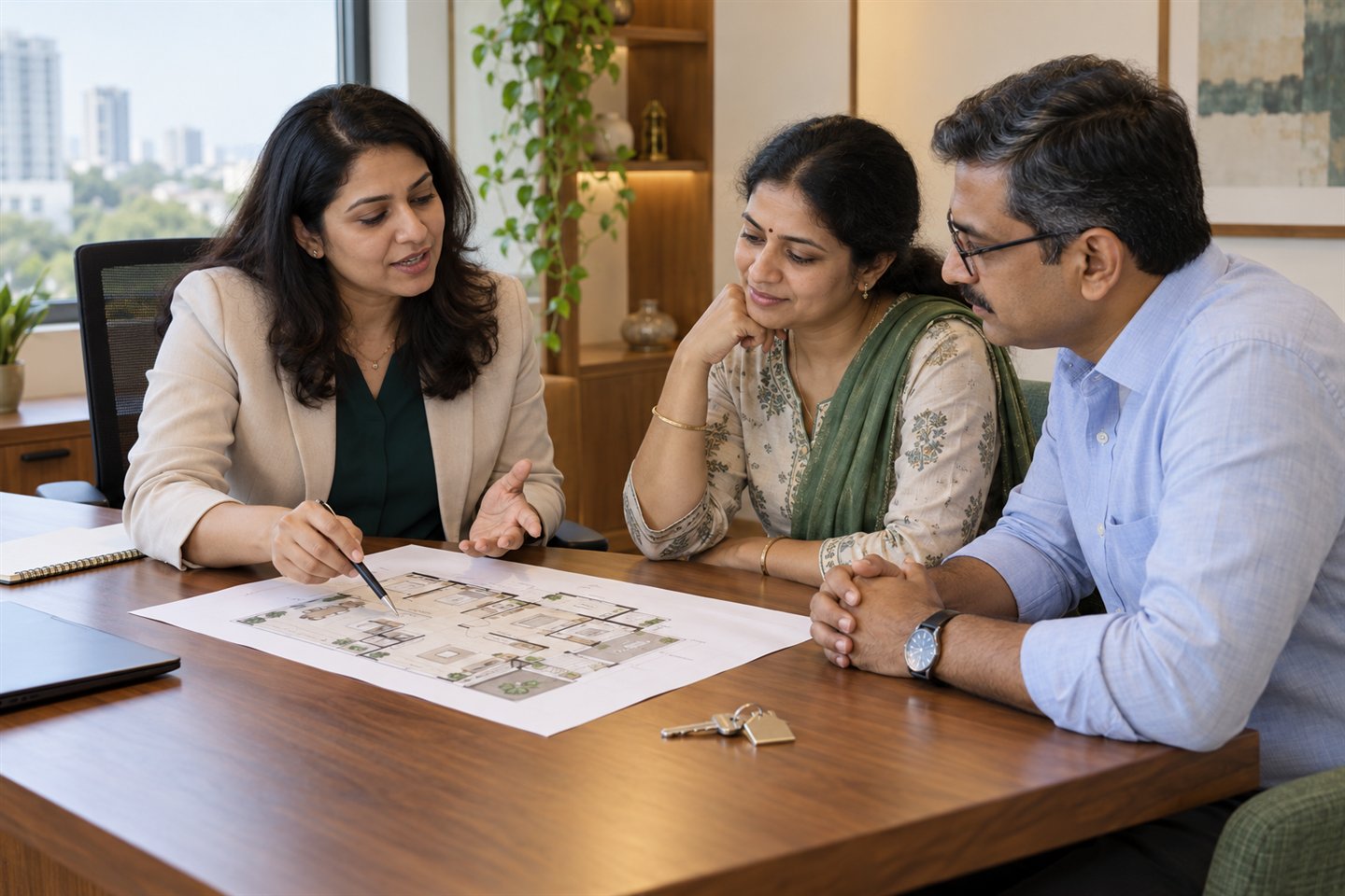 Property advisor reviewing an apartment plan with homebuyers