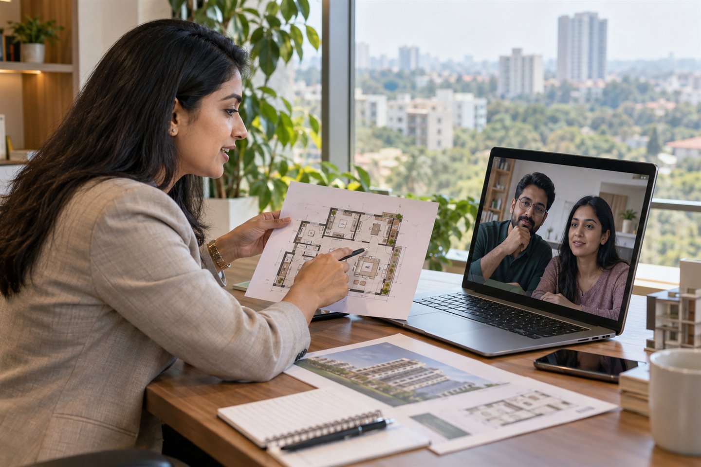 Property advisor discussing an apartment layout during a remote consultation
