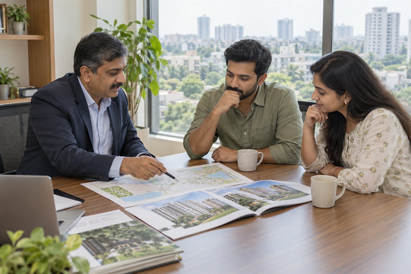 Homebuyers and an advisor reviewing an apartment brochure and location map
