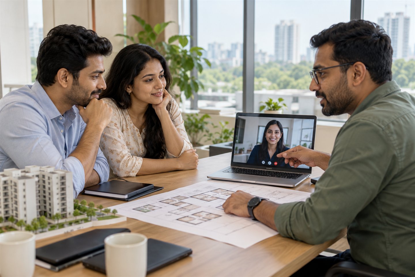 Real estate advisor discussing an apartment layout with homebuyers on a video call