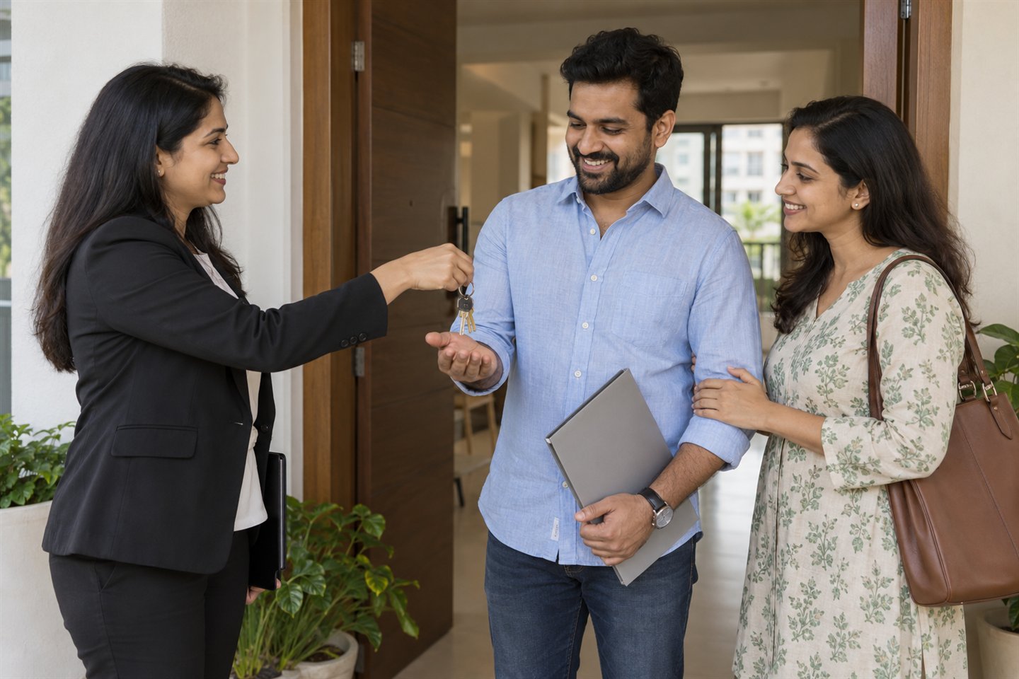 Property agent handing apartment keys to new homeowners