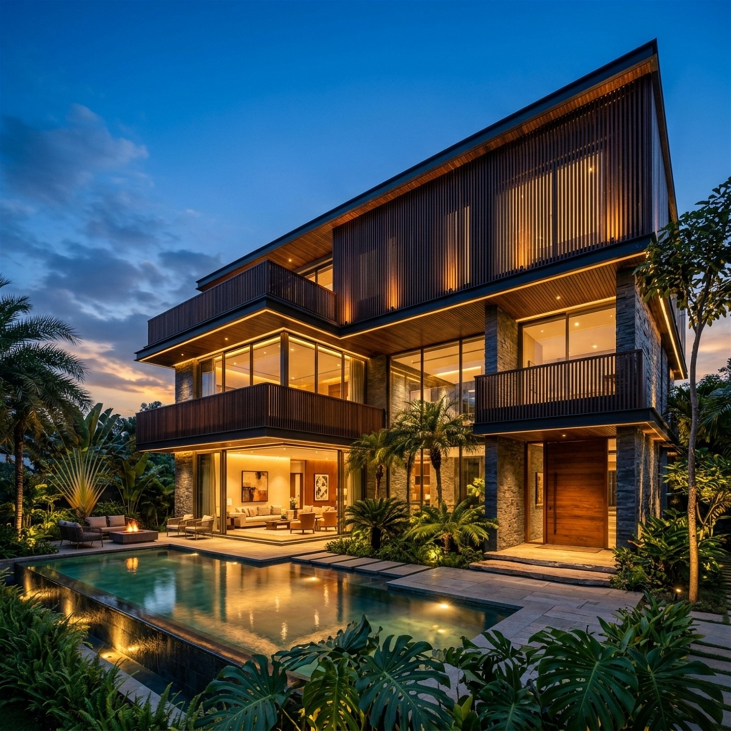Refined architectural luxury residence elevation at dusk in Bengaluru