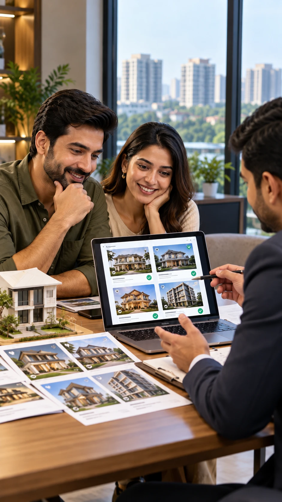 Real estate advisor reviewing property listings on laptop with clients